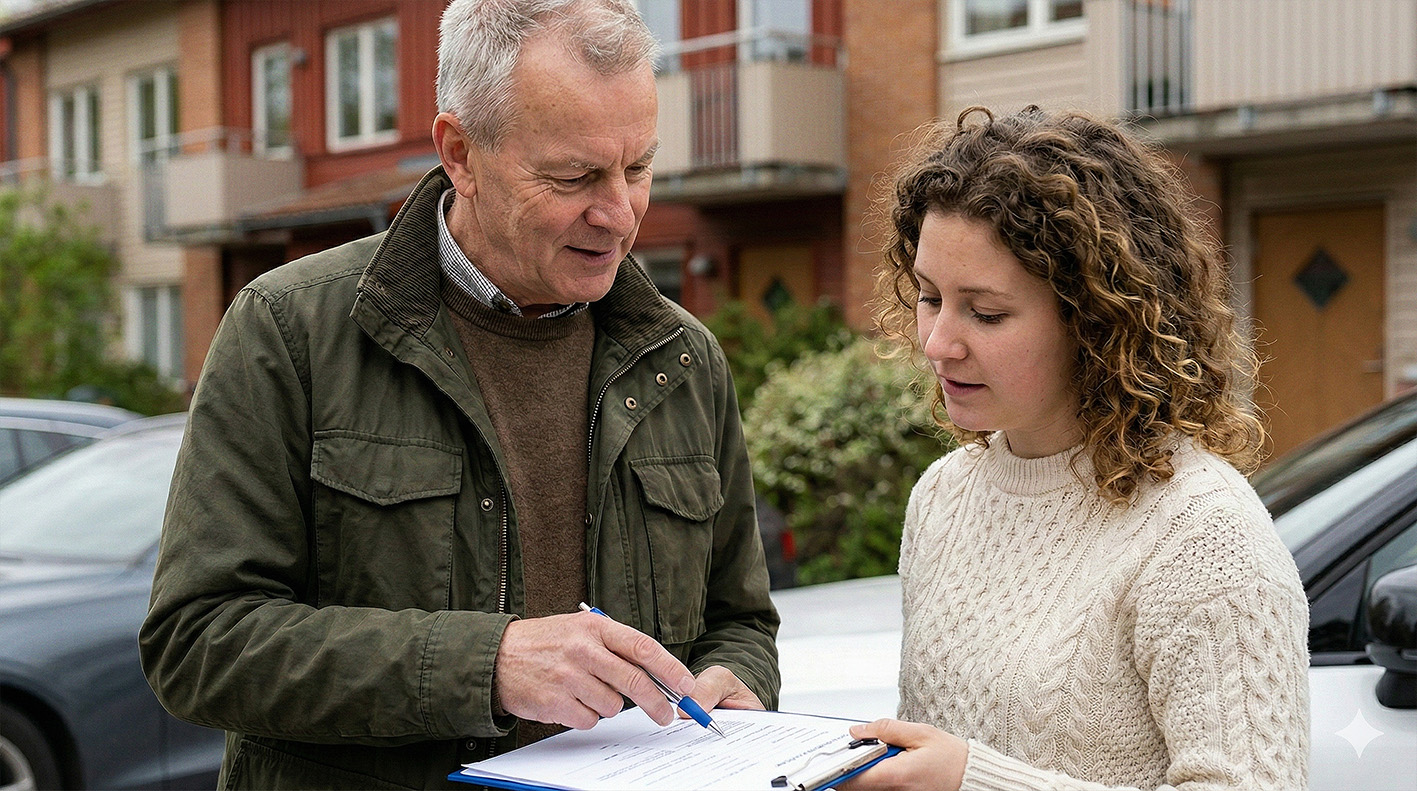 Styrelsemedlem och boende i en bostadsrättsförening diskuterar lagar och regler kring elbilsladdning