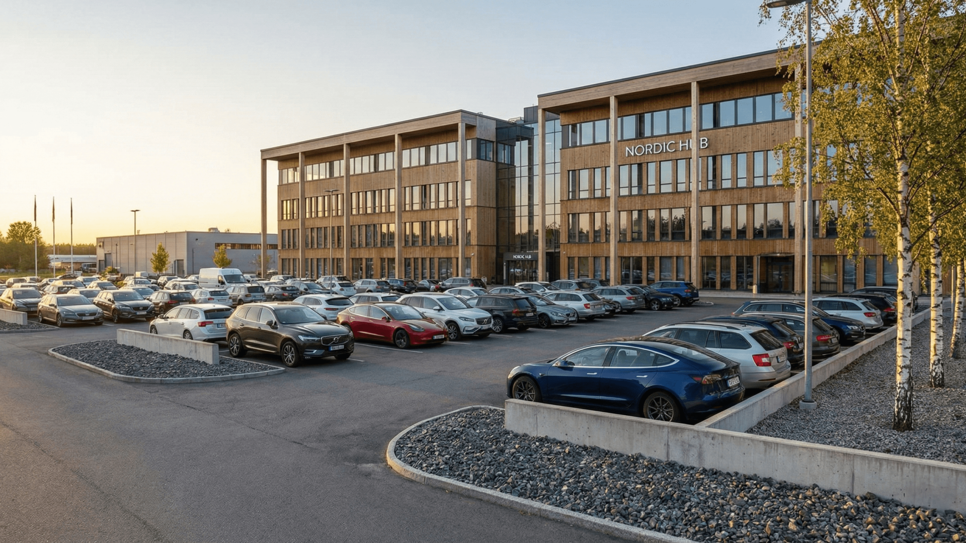 Fastighetsbolag med elbilar som laddar vid modern parkeringsanläggning